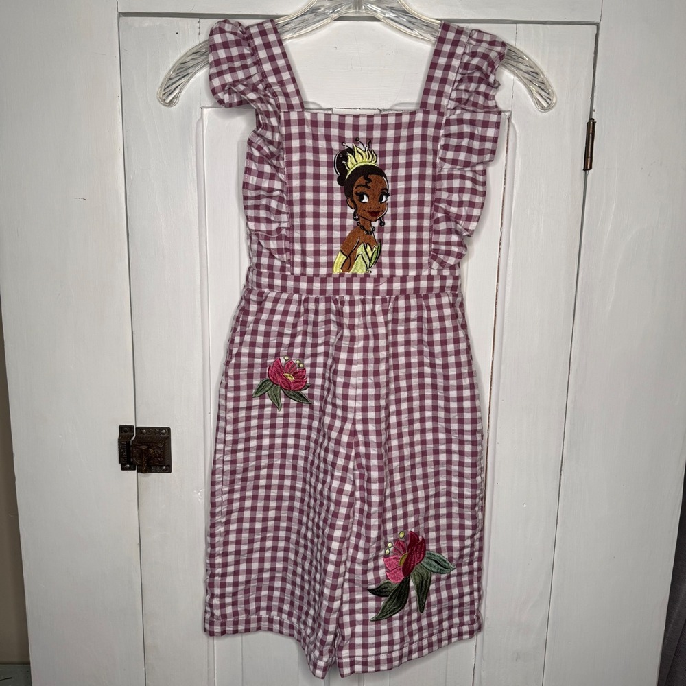 Disney Our Universe Size 4T Princess Tiana Gingham Jumpsuit Purple White Kids